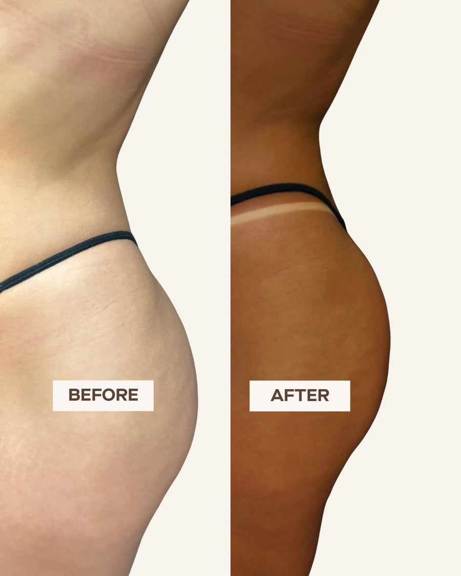 Before and after a custom spray tan at Oregon Glow